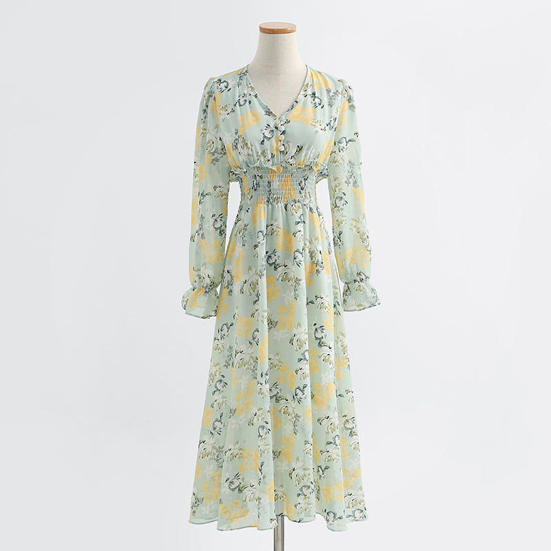 Long sleeved chiffon skirt Floral Dress  2158