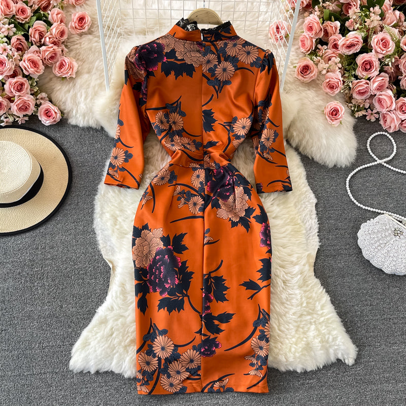 Split cheongsam lace stitched stand collar dress  3244