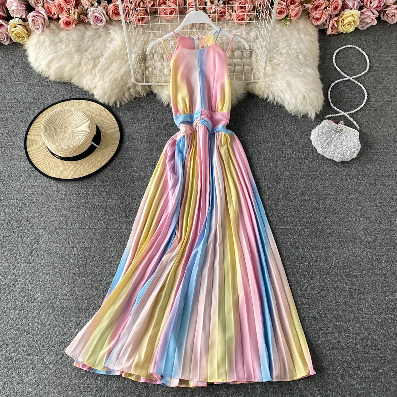 New sleeveless gradient rainbow neck suspender Pleated Dress  2728