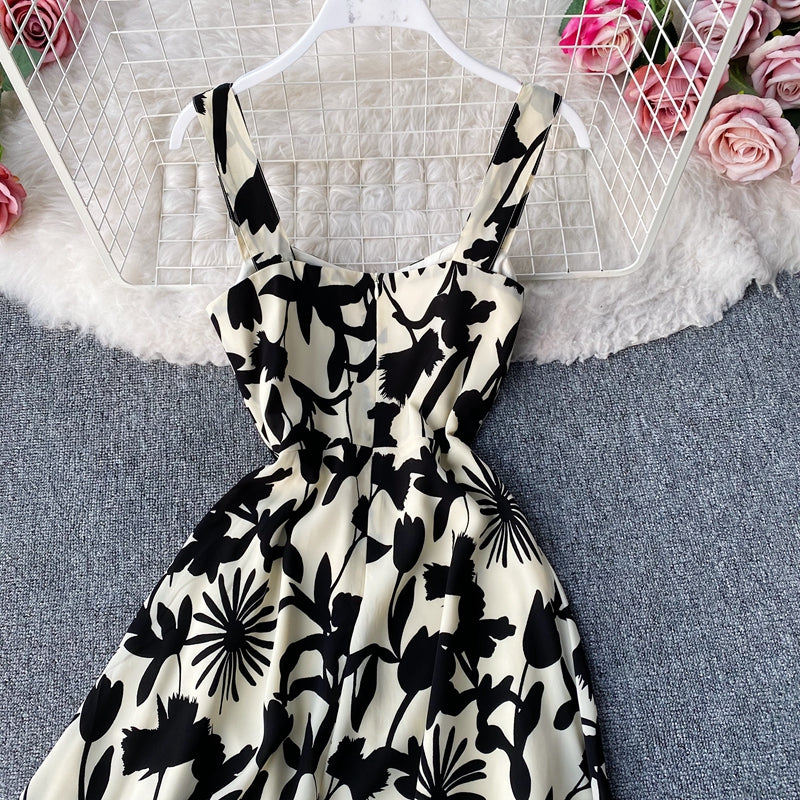 Retro French minority print square neck waist slim suspender dress  3138