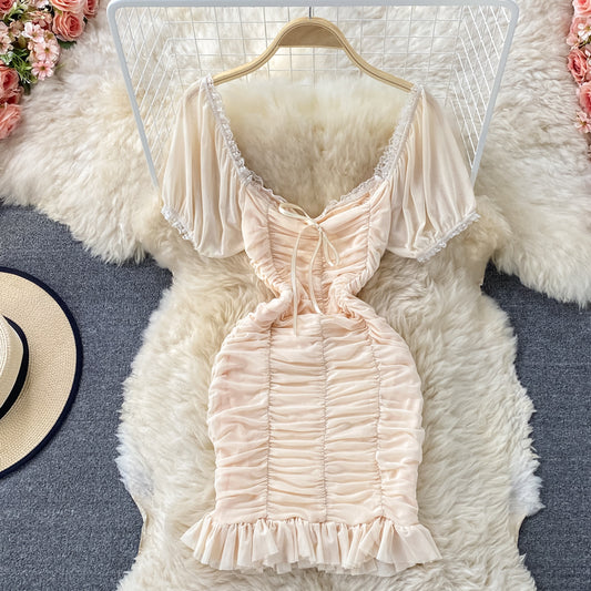 French Ruffle sweet square neck dress  2797