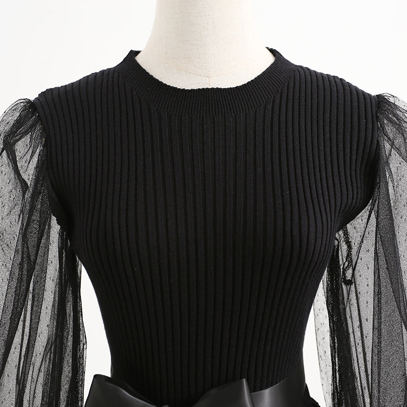 New Hepburn style dress long sleeve stitched embroidery mesh  2442