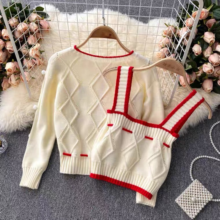 Strick-Cardigan, Vintage, gestickte Blume, lockerer Langarm-Pullover, kurzer Absatz, Spaghettiträger-Oberteil, süße Zweier-Sets 1339