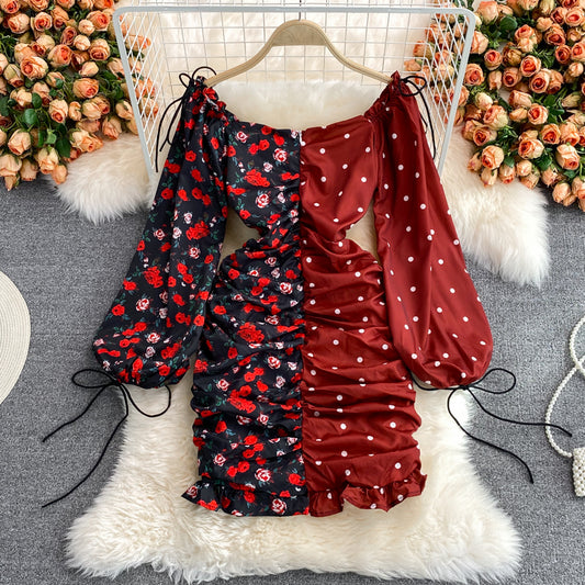 Color wave dot floral dress skirt Hip Wrap Dress  2904