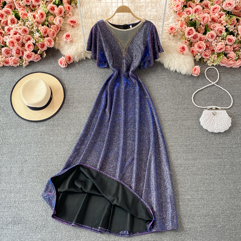 Noble and elegant temperament bright silk round neck dress  2986