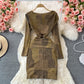 Tassel stitched bright silk irregular fold wrap hip round neck dress  3093