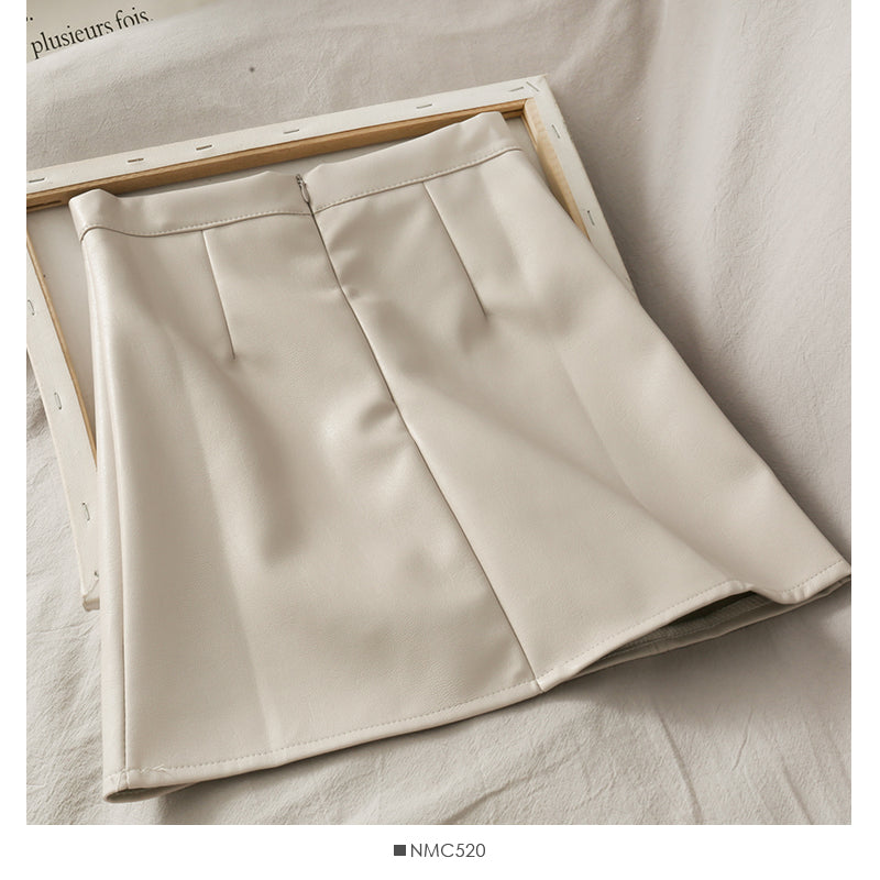 Retro and versatile solid color high waist thin A-shaped small leather skirt  2542