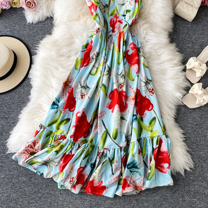 Geblümtes Kleid mit offenem Rücken, französischer langer Rock 2847