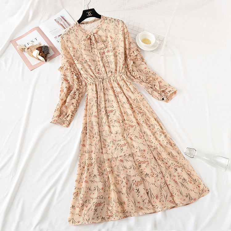 Long sleeve bow tie lace up Ruffle Bubble Sleeve Chiffon Skirt  2354