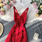 Elegant suspender skirt open back low chest sexy split wave point dress  2876