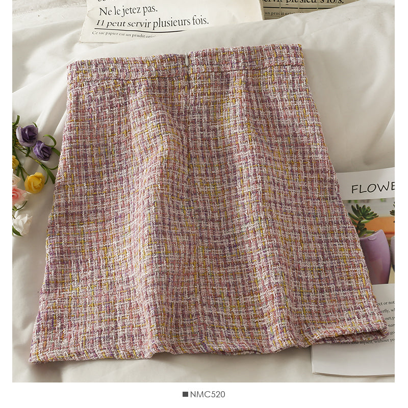 Hong Kong style retro Plaid tweed nail bead high waist hip wrap skirt female  2539