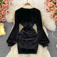V-Neck long sleeve pleated slim wrap hip dress  3018