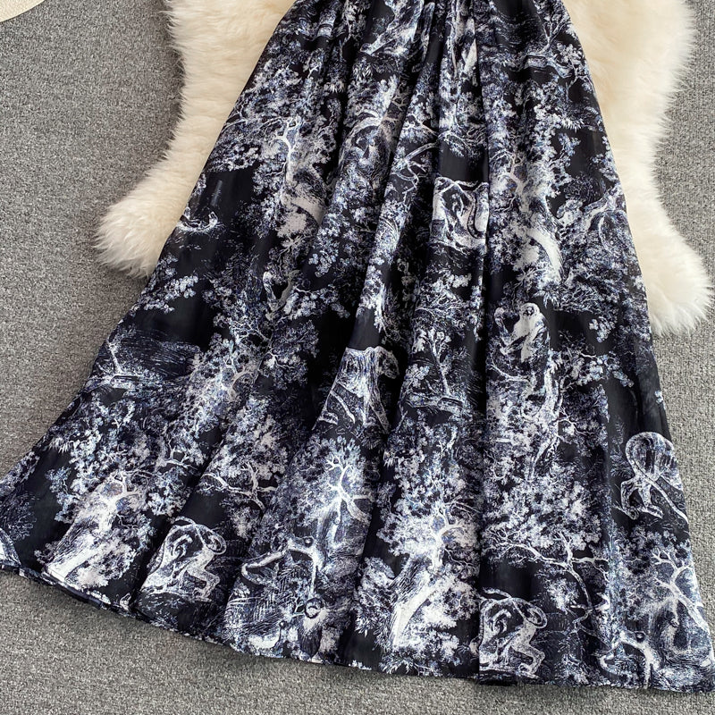 Knee length Vintage Printed Dress with waist cut and long skirt  3223