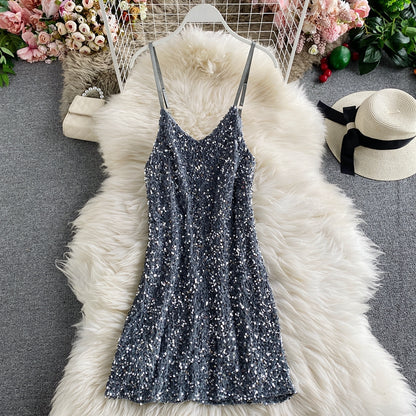 Sequin slim sexy hip strap dress  3140
