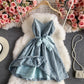 Sweet little fresh suspender skirt high waist backless lace dress  2893