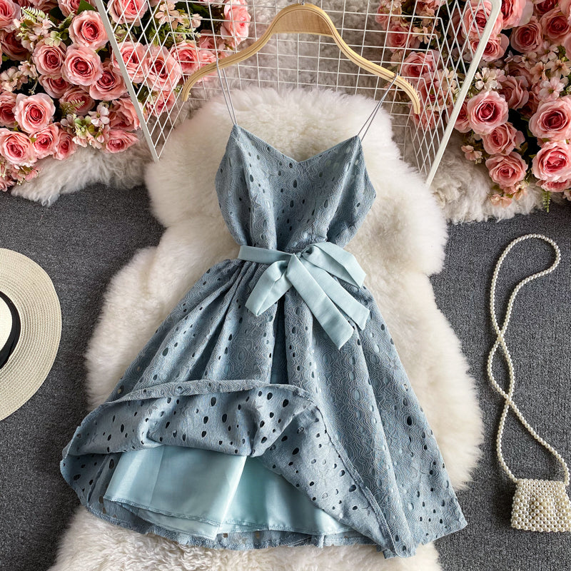Sweet little fresh suspender skirt high waist backless lace dress  2893