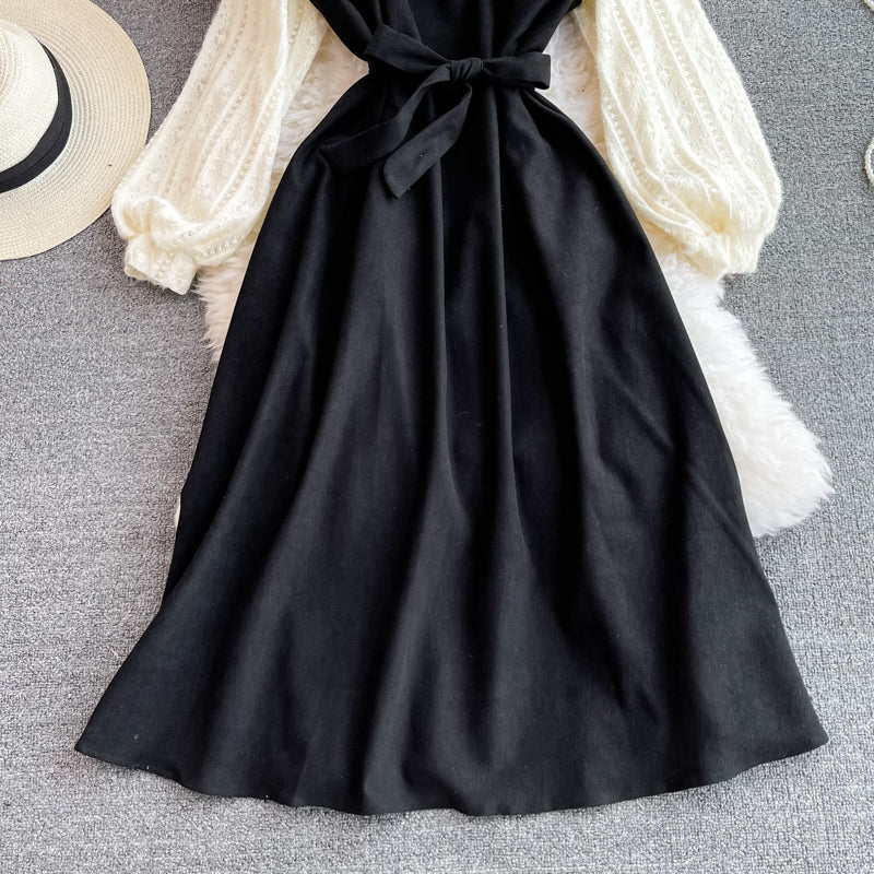 Vintage Lace stitched doll neck with slim waist corduroy dress  3384