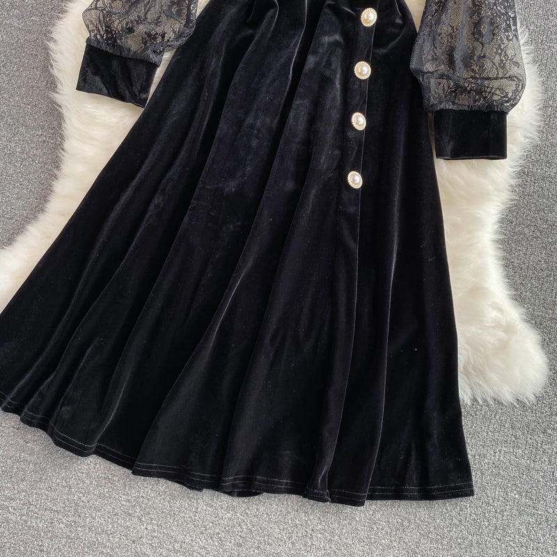 High waist, narrow waist, super fairy Hepburn style, large swing long skirt  3110