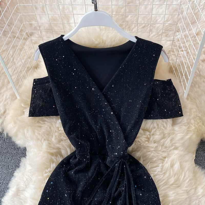 Sexy cross V-neck Sequin elastic Ruffle Dress  3318