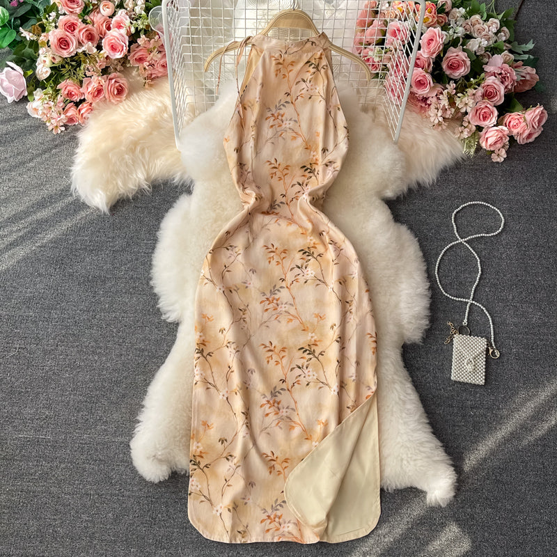Stand collar slim, feminine temperament, Floral Chiffon Dress  3058