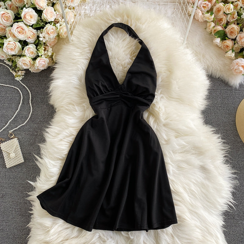 Sexy temperament cross backless neck V-neck dress  2735