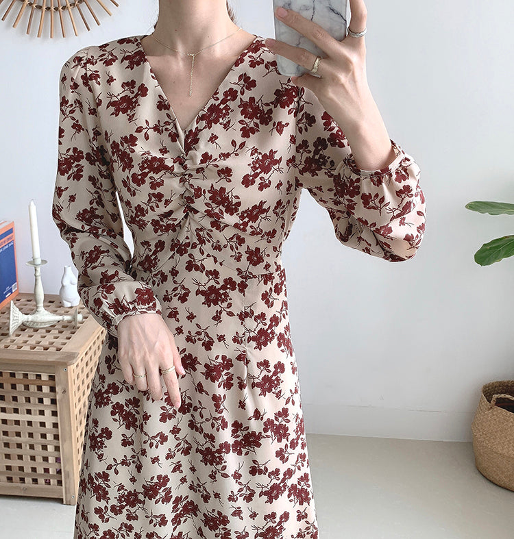 V-neck Chiffon floral dress with coat  2155
