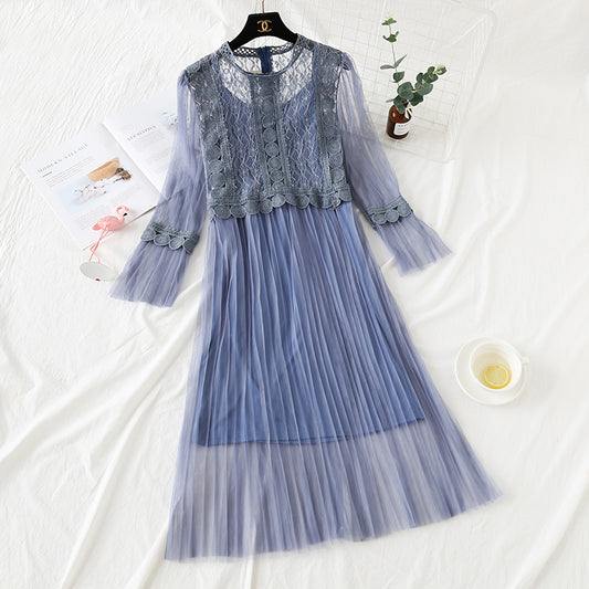 Lace stitched mesh dress women's super fairy suspender skirt two-piece set  2449