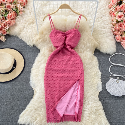 Lace dress feminine elegant split rose powder  2774