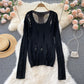 Wool sweater feminine V-neck hollow hole sweater  1594