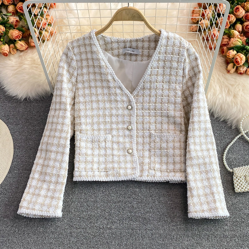 Vintage small fragrance woven tweed V-neck coat  1664