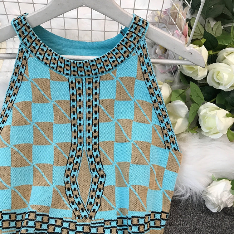 Geometric lattice Halter sleeveless vest suspender knitted dress  2795