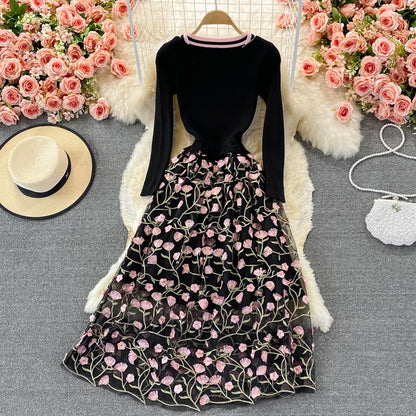 Netzbesticktes Kleid, elegantes Temperament, großer Swingrock 2913
