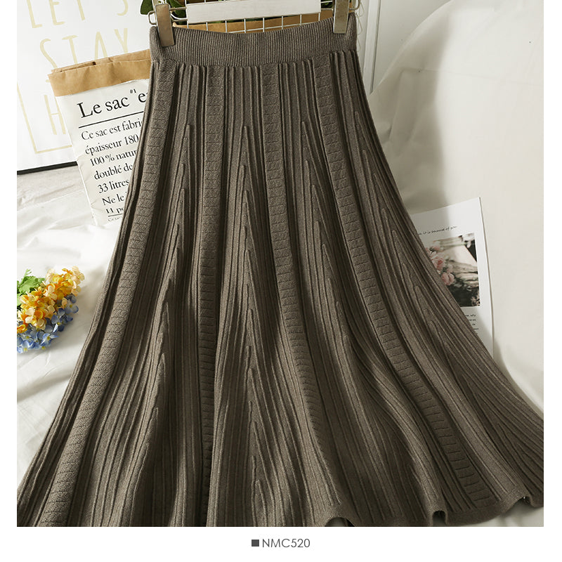 Hong Kong style retro vertical stripe elastic waist thin solid A-line skirt  2625