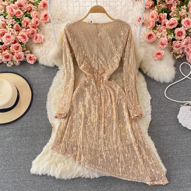 Sexy V-neck irregular Sequin dress  3097