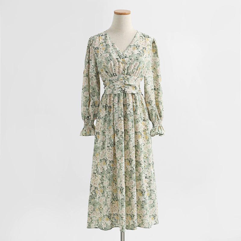 Long sleeve floral dress long fairy French Vintage Chiffon  2430