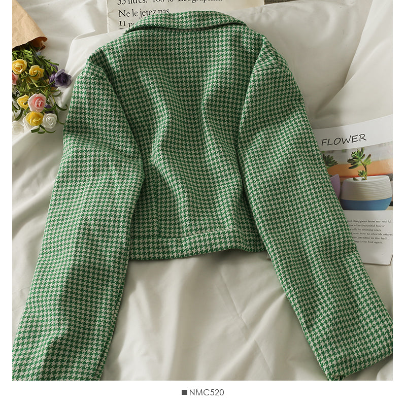 Korean retro thousand bird grid short single breasted jacket female  2099