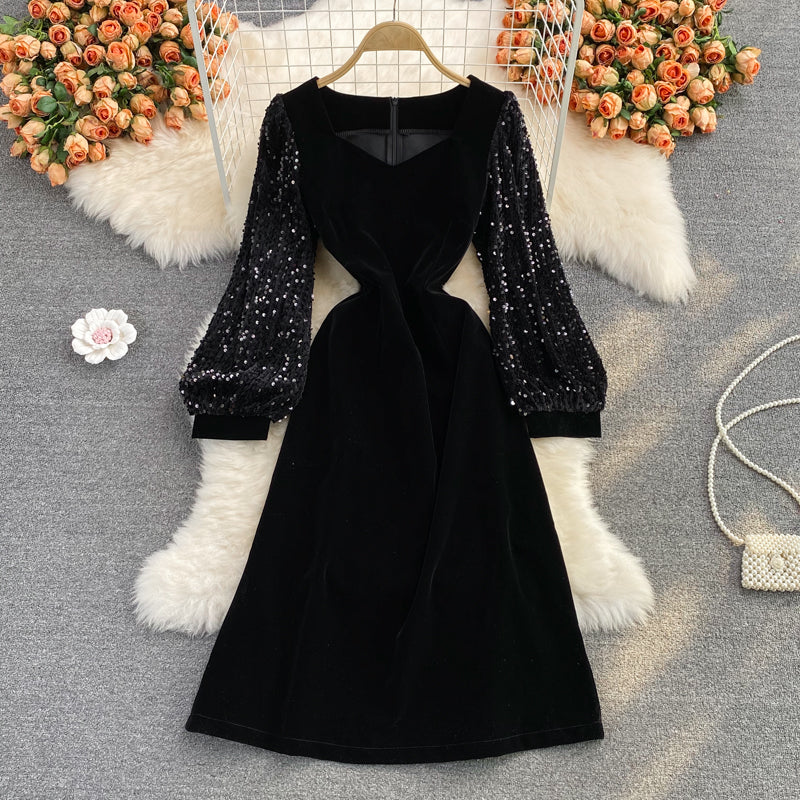 Medium length square neck velvet stitched Sequin bubble sleeve  3091