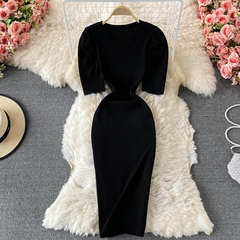 Temperament bubble sleeve slim V-neck wrap hip dress  2895