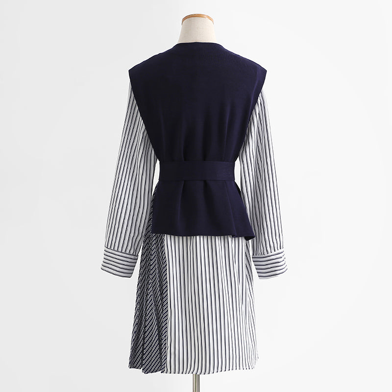 Temperament striped shirt knitted vest two-piece suit dress  2278
