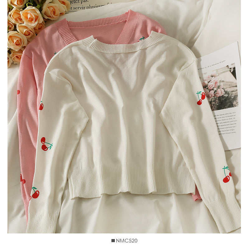 Small fresh cherry print V-neck single breasted slim cardigan sweater  1826