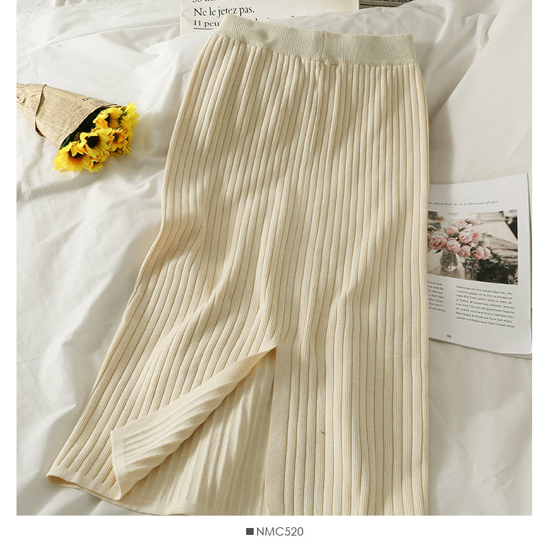 Hong Kong style retro vertical stripe elastic waist thin split one-step skirt  2519