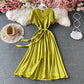 French Retro Red V-neck bubble sleeve dress  3184
