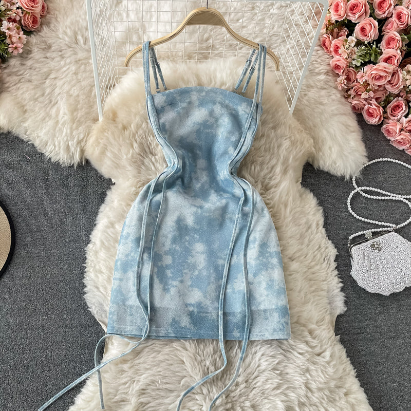 Tie dyed one shoulder strapless dress  2809