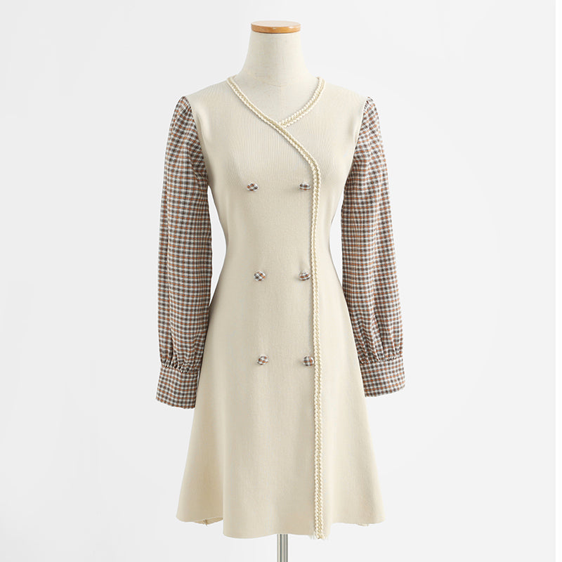 Dress long sleeve aging temperament Plaid knitted skirt with slim waist  2426