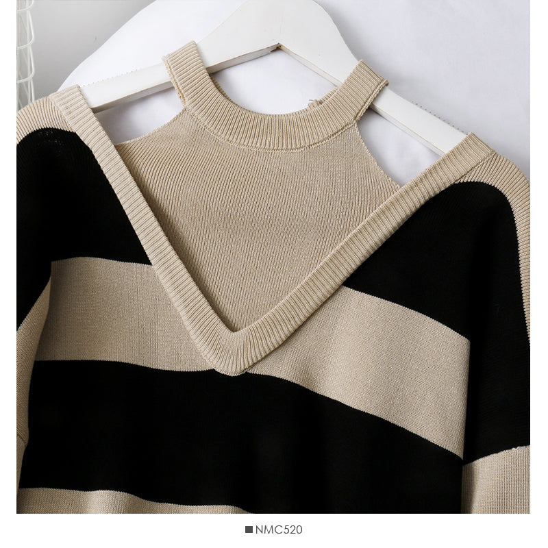 Gefälschter zweiteiliger Pullover mit hängendem Hals + Hose mit weitem Bein und hoher Taille 1728