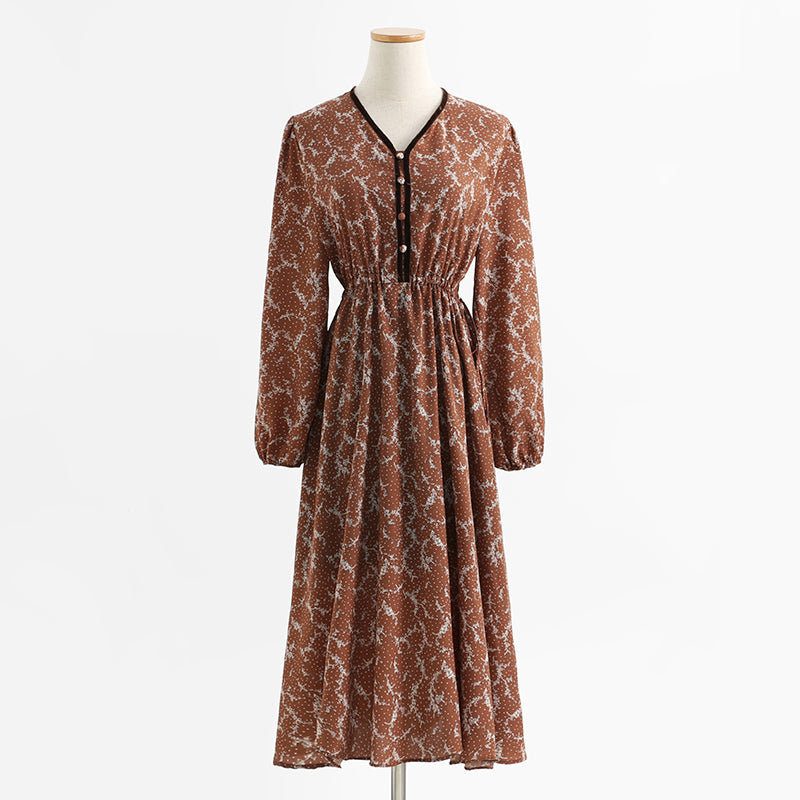 French retro minority temperament gentle wind long sleeve Floral Dress  2254