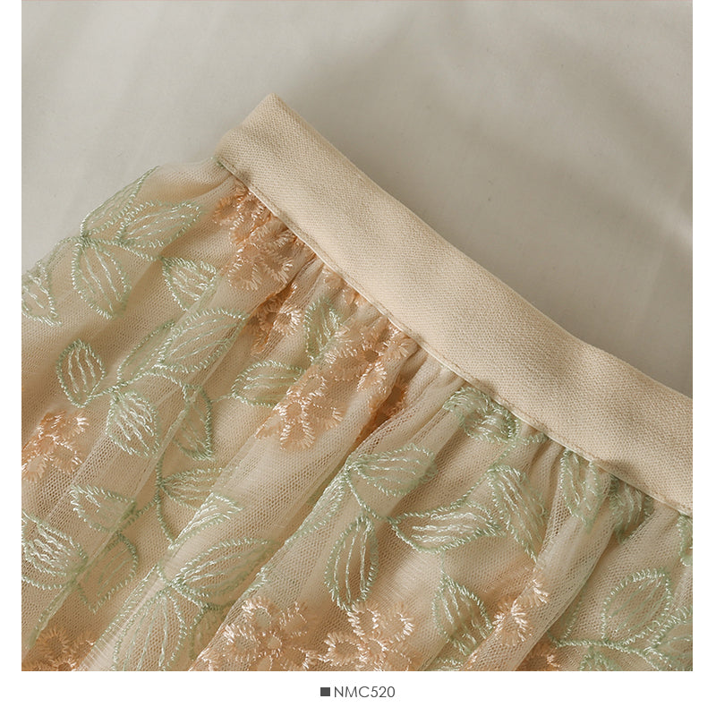Gauze embroidered elastic waist slim skirt  2604