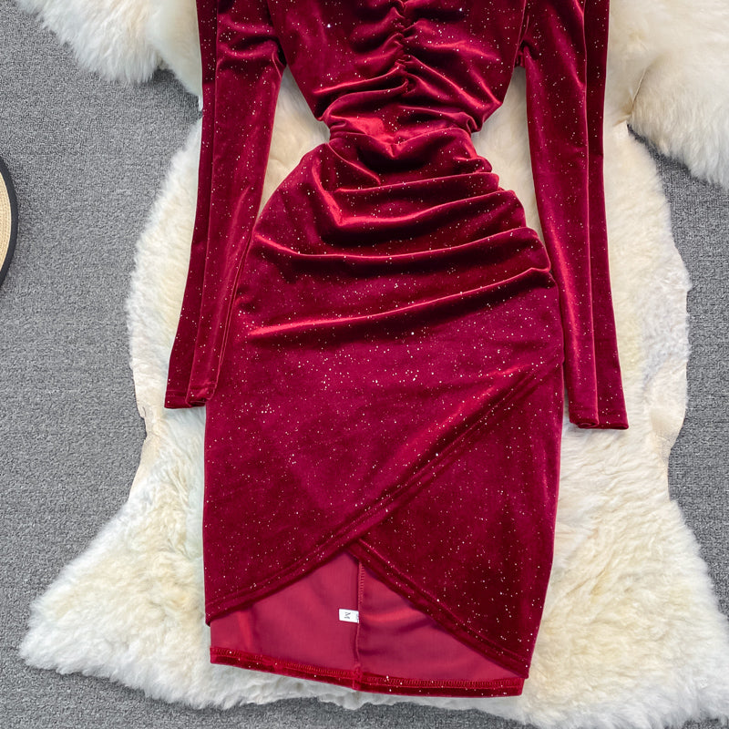 Celebrity temperament V-neck hanging neck tassel wrap hip dress  3391