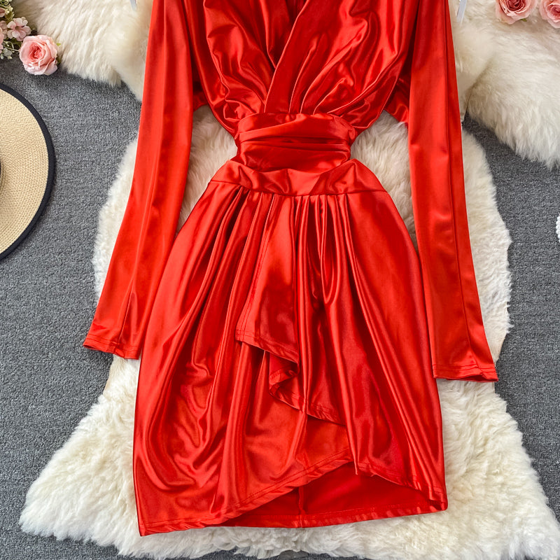 Satin high waist with thin V-neck irregular dress  3352