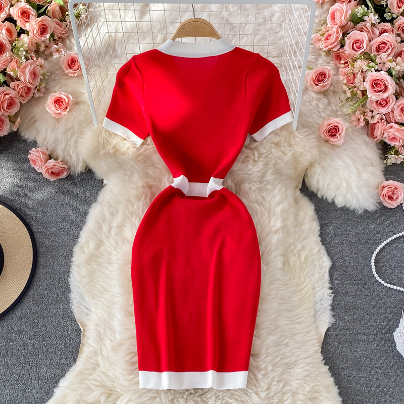 Small fragrance V-neck knitted dress shows thin Hip Wrap bottom skirt  2909